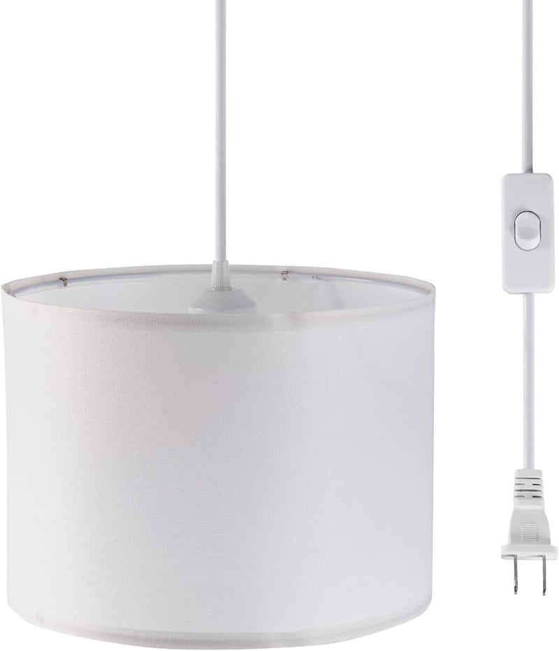 KUAUGST Plug in Pendant Light, 15 FT Hanging Lamp with Plug in Cord, On/Off Switch, Pendant Lighting with Fabric Shade, Hanging Light Fixture for Living Room, Bedroom, Dining Room, Kitchen (White) - Image 1